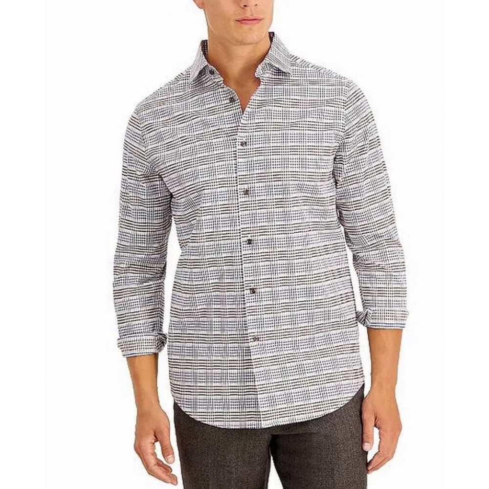 Tasso Elba Mens Shirt Brown Size Large L Plaid Print Button Up Stretch $59